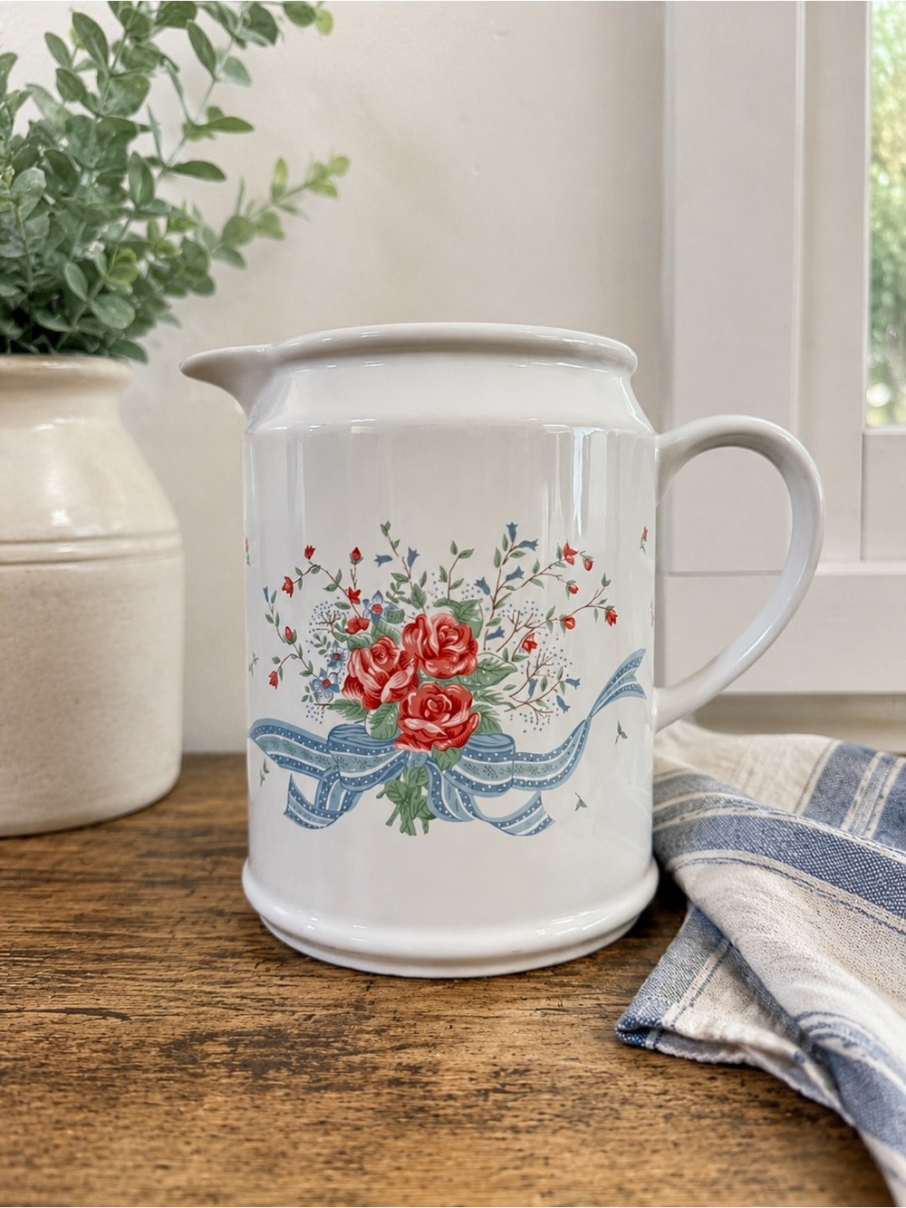 White Ceramic Floral Pitcher | Red Roses Blue Ribbon